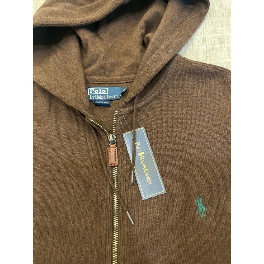 Polo Ralph Lauren Mens Brown Cotton Knit Full Zip Hoodie Teal Pony Logo Size M